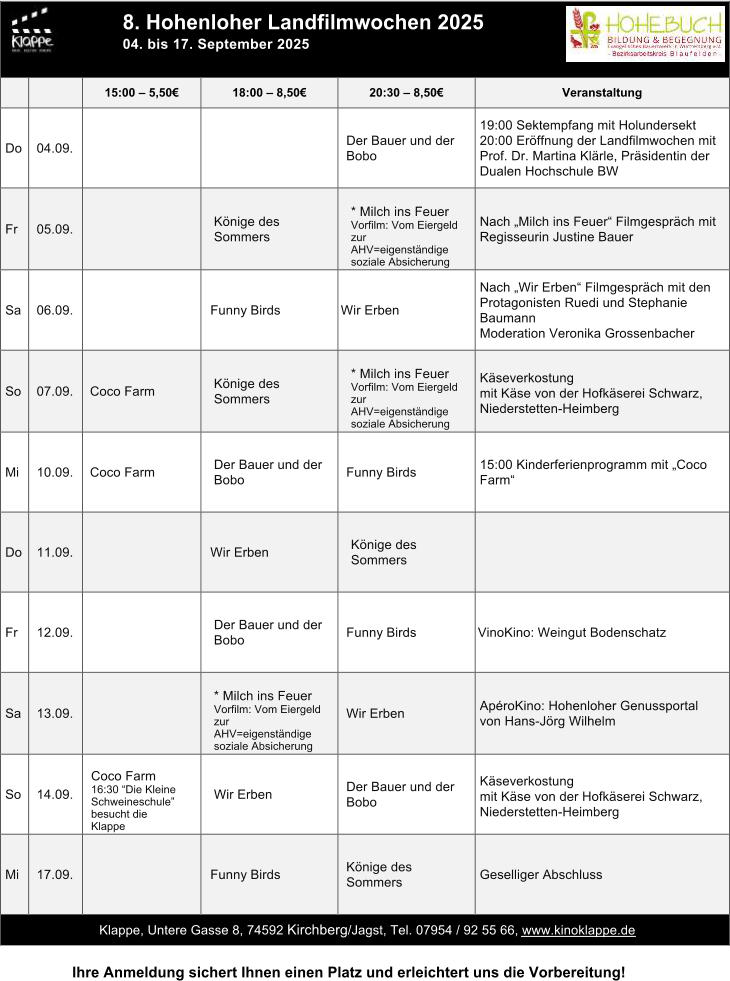 8. Hohenloher Landfilmwochen 2025 04. bis 17. September 2025 15:00 � 5,50� 18:00 � 8,50� 20:30 � 8,50� Veranstaltung Do 04.09. Der Bauer und der Bobo 19:00 Sektempfang mit Holundersekt 20:00 Er�ffnung der Landfilmwochen mit Prof. Dr. Martina Kl�rle, Pr�sidentin der Dualen Hochschule BW Fr 05.09. K�nige des Sommers * Milch ins Feuer Vorfilm: Vom Eiergeld zur AHV=eigenst�ndige soziale Absicherung Nach �Milch ins Feuer� Filmgespr�ch mit Regisseurin Justine Bauer Sa 06.09.  Funny Birds Wir Erben Nach �Wir Erben� Filmgespr�ch mit den Protagonisten Ruedi und Stephanie Baumann Moderation Veronika Grossenbacher So 07.09. Coco Farm K�nige des Sommers * Milch ins Feuer Vorfilm: Vom Eiergeld zur AHV=eigenst�ndige soziale Absicherung K�severkostung mit K�se von der Hofk�serei Schwarz, Niederstetten-Heimberg Mi 10.09. Coco Farm Der Bauer und der Bobo Funny Birds 15:00 Kinderferienprogramm mit �Coco Farm� Do 11.09.  Wir Erben K�nige des Sommers Fr 12.09. Der Bauer und der Bobo Funny Birds VinoKino: Weingut Bodenschatz Sa 13.09. * Milch ins Feuer Vorfilm: Vom Eiergeld zur AHV=eigenst�ndige soziale Absicherung Wir Erben Ap�roKino: Hohenloher Genussportal von Hans-J�rg Wilhelm So 14.09. Coco Farm 16:30 �Die Kleine Schweineschule� besucht die Klappe Wir Erben Der Bauer und der Bobo K�severkostung mit K�se von der Hofk�serei Schwarz, Niederstetten-Heimberg Mi 17.09.  Funny Birds K�nige des Sommers Geselliger Abschluss Klappe, Untere Gasse 8, 74592 Kirchberg/Jagst, Tel. 07954 / 92 55 66, www.kinoklappe.de Ihre Anmeldung sichert Ihnen einen Platz und erleichtert uns die Vorbereitung!